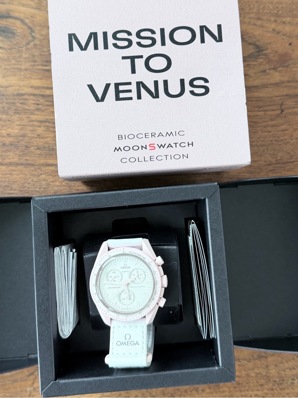 Swatch + Omega Mission to Venus Pink Bezel White chronograph Dial